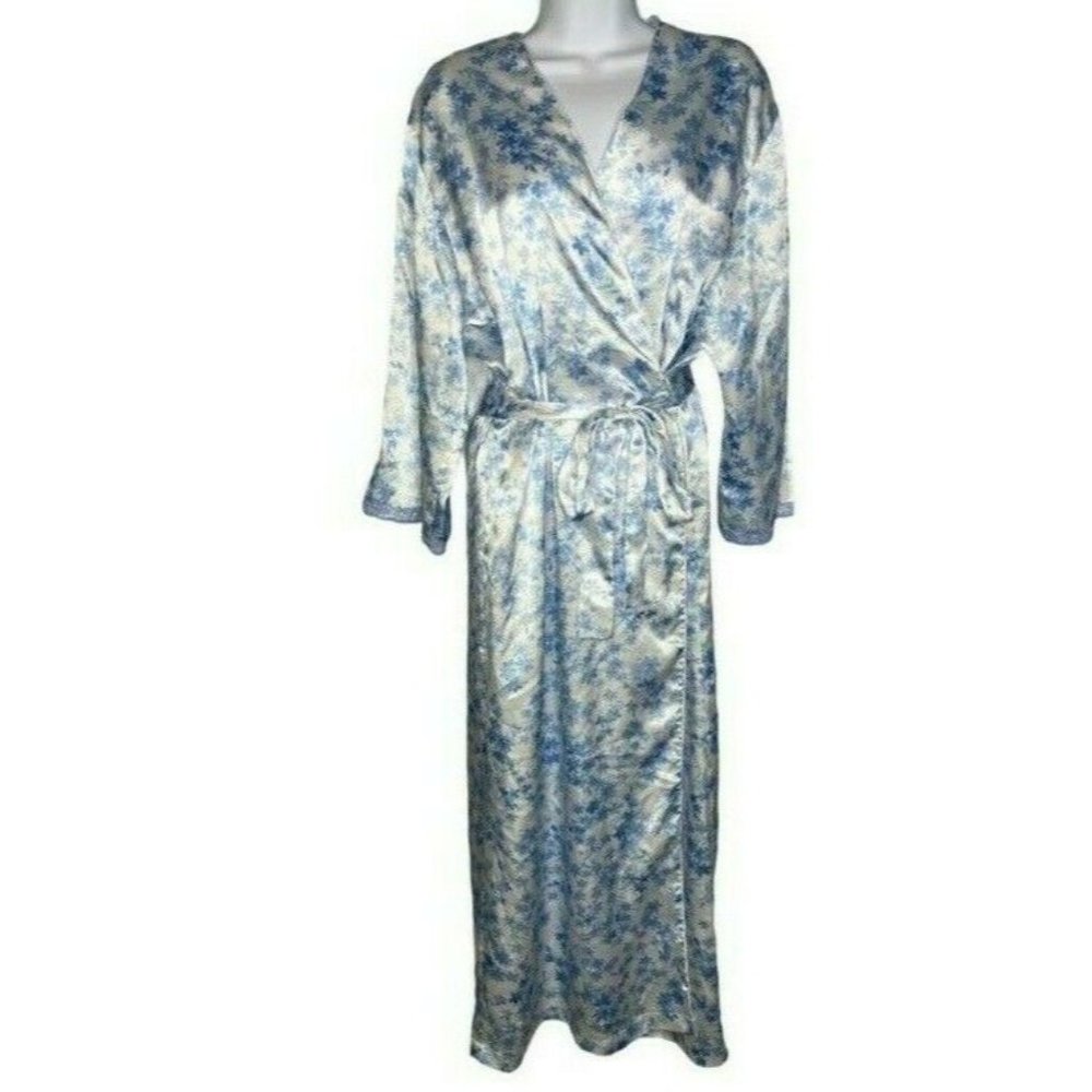 Oscar De La Renta Pink Label Vintage Satin Blue White Floral Robe One Sz…